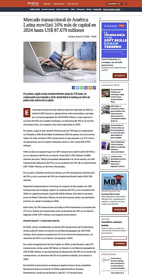 Mercado transaccional de Am�rica Latina moviliz� 16% m�s de capital en 2024 hasta US$ 87.679 millones